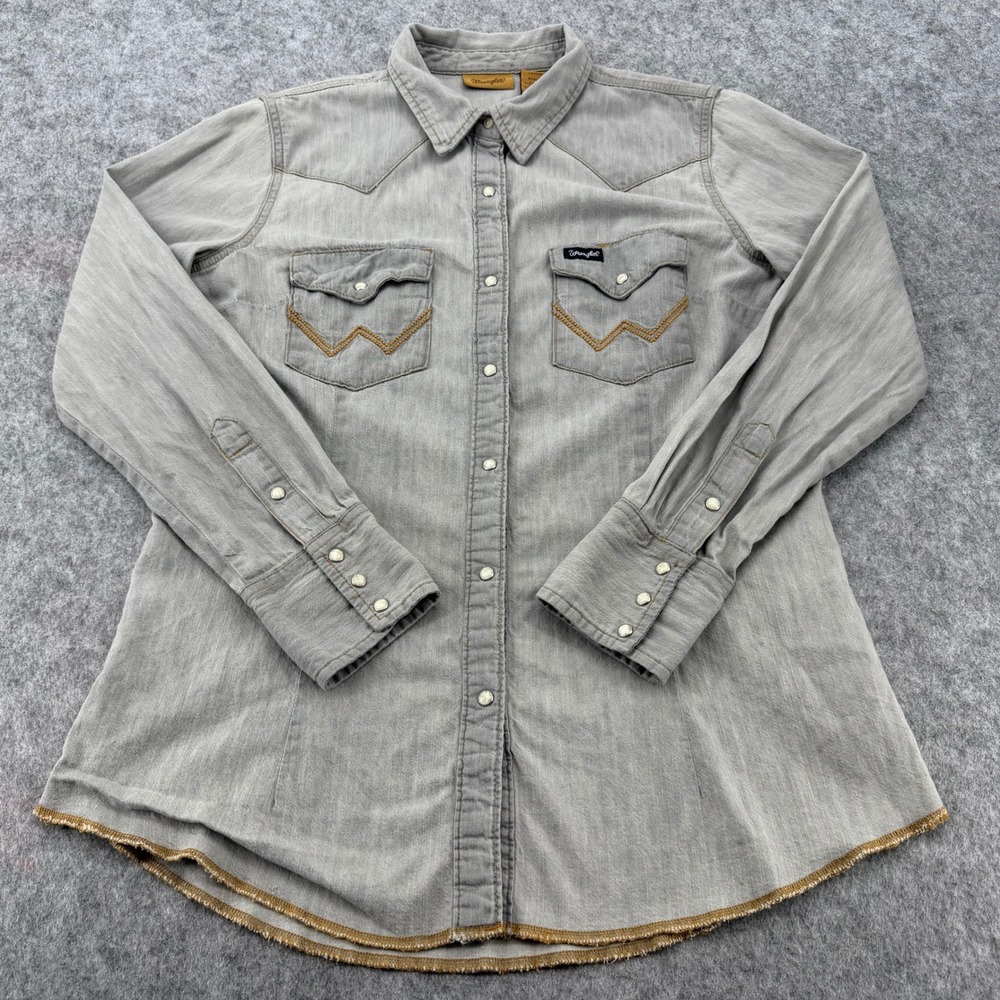 Wrangler Western Snap Shirt Gray Denim Pearl Snap Frayed Hem LW396ID Mens M
